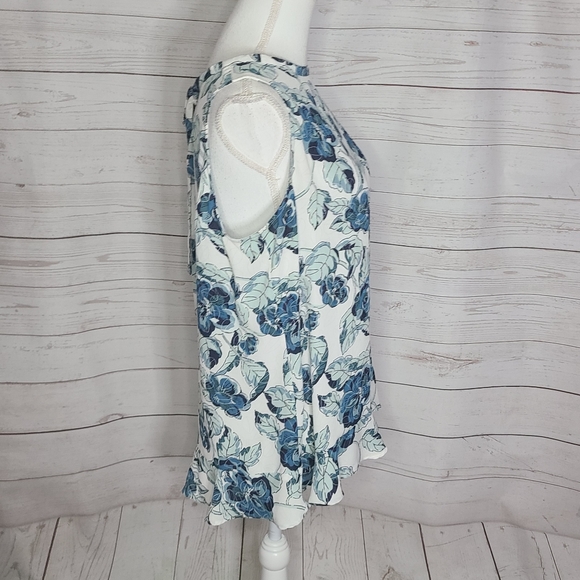 LOFT Blue Floral Tie Back Neck Layer Ruffle Bottom Sleeveless Blouse - Picture 3 of 12